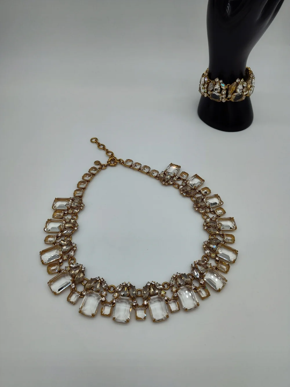 J CREW Crystal Statement Necklace Bracelet Set Gold Rhinestone Collar EUC